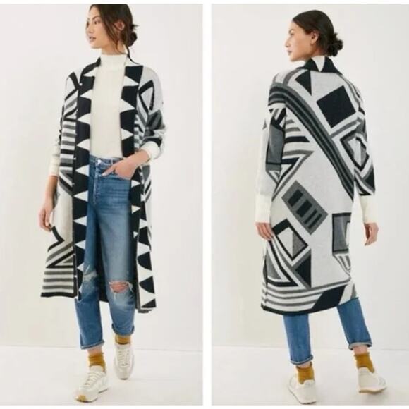 Anthropologie One Size Open Front Duster Aztec Knit Geometric Graphic Artsy - Picture 1 of 8